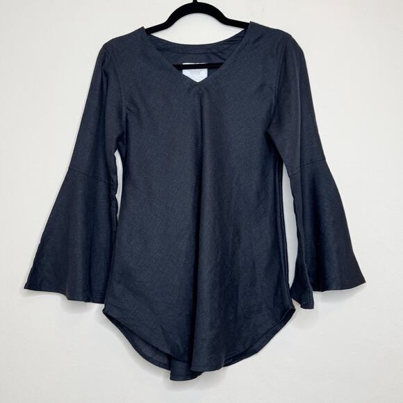 Crown Linen Designs Womens 100% Linen Bell Sleeve Tunic Top Sz XS Black V Neck - Picture 1 of 8